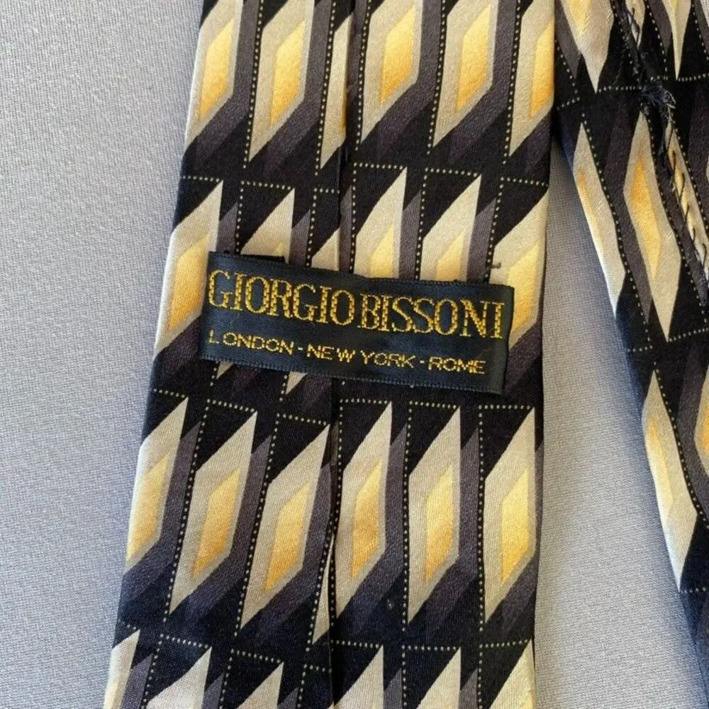 Vintage Giorgio Bissoni Silk Tie Geometric Black Gold Tan 52